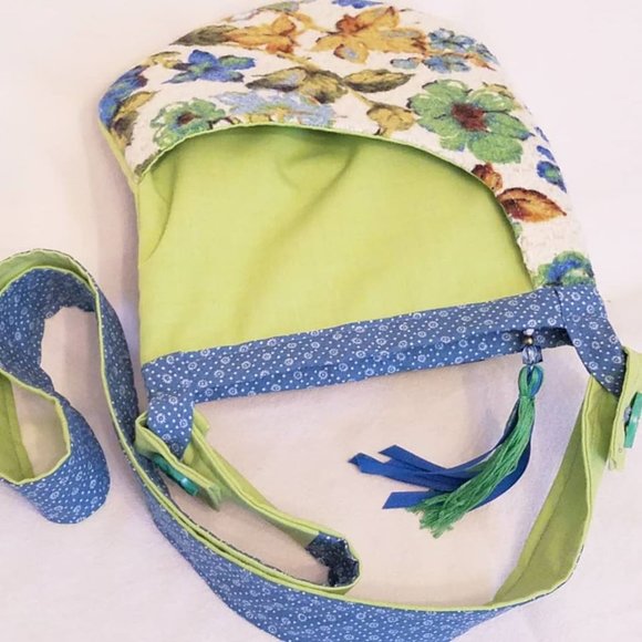 Purse Handbag Pouch Vintage Upholstery Tweed Linen Green Blue Crossbody Bag OOAK - Picture 5 of 10
